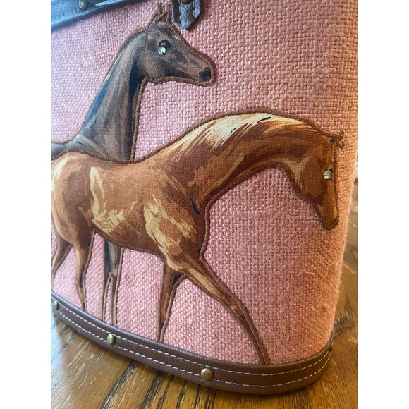 VINTAGE Horse Equestrian Bucket Bag Purse Canvas Leather Fabric - Picture 6 of 6